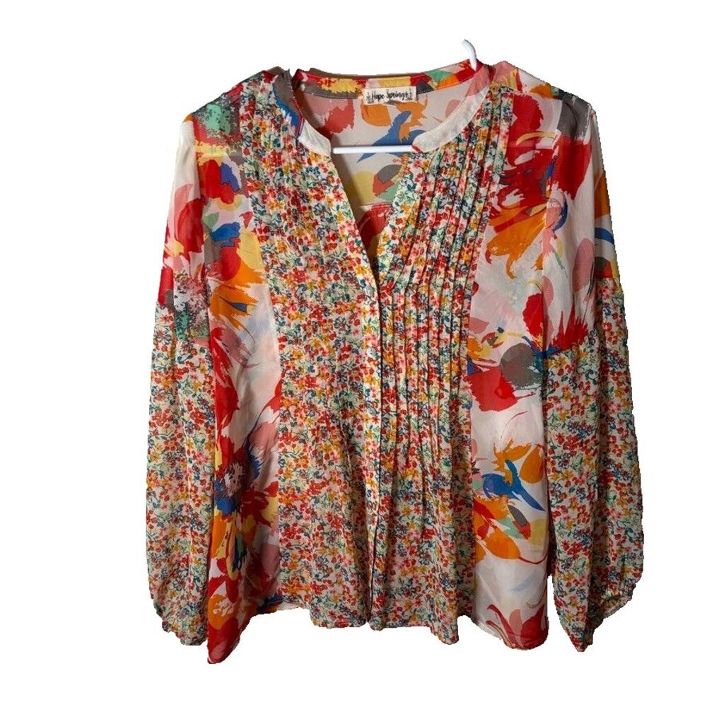 Hope Springs Blouse Women's Small Pleated Button Down Sheer Long Sleeve Casual